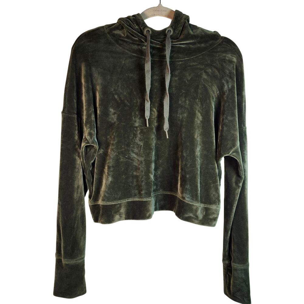 Offline by Aerie Cropped Velour Funnel Neck Forest Green Hoodie Size Small